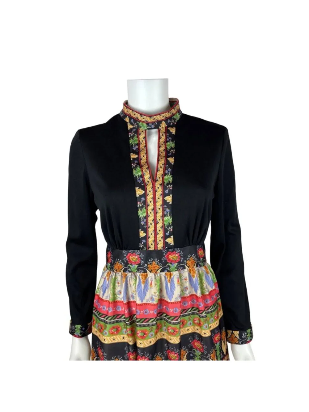 Vintage 70s Dark Floral Dress Womens Small Multi Colored Keyhole Neckline Long S - Picture 4 of 12